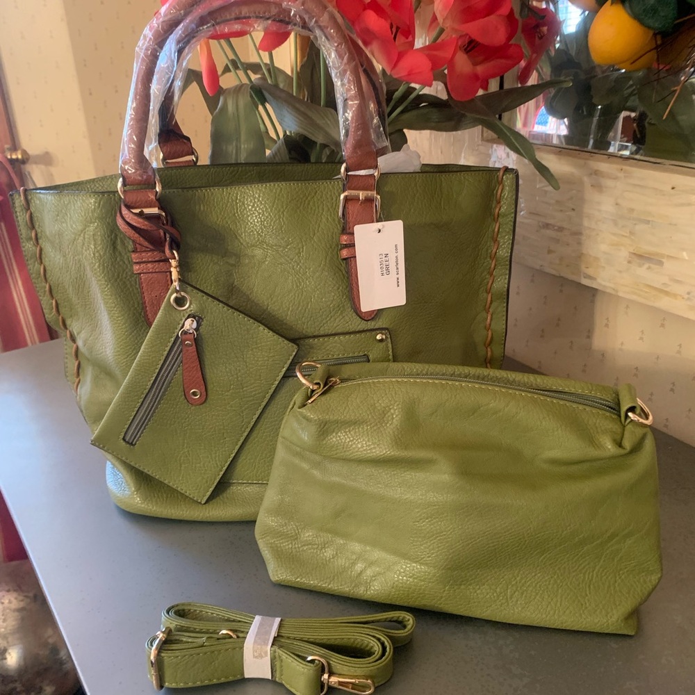SCARLETON, NEW WITH TAGS, OLIVE GREEN, soft pebble leather tote bag set.